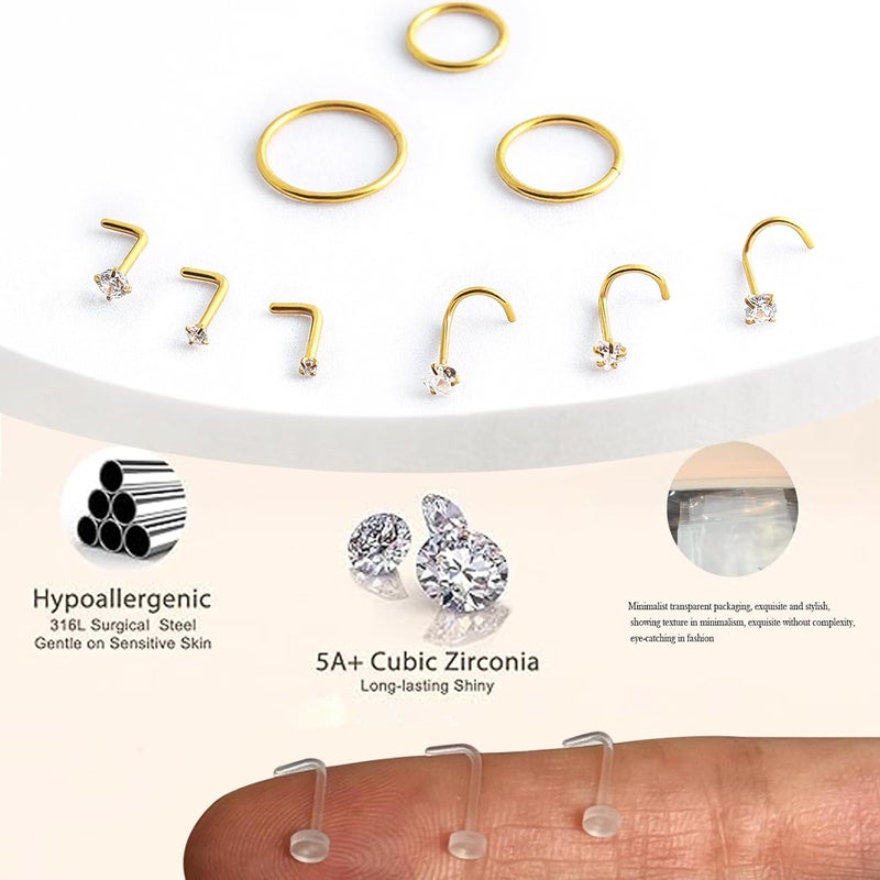 Styleeary Store خواتم أنف من الفضة المضادة للحساسية / ذهب عيار 14 مملوء 18G حلقات أنف 8mm 10mm 12mm مجموعة خواتم أنف: 12 قطعة من الفولاذ المقاوم للصدأ الجراحي 316L، دبابيس أنف 20G، CZ، نجمة، قلب، دبابيس أنف، مجوهرات ثقب أنف على شكل L للنساء والرجال - Image 4